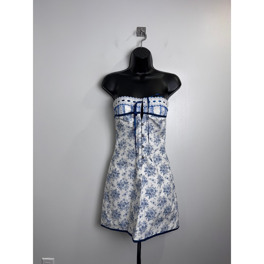 With Jean Sabrin Dress Corset Lace Up Blue Floral Size Medium